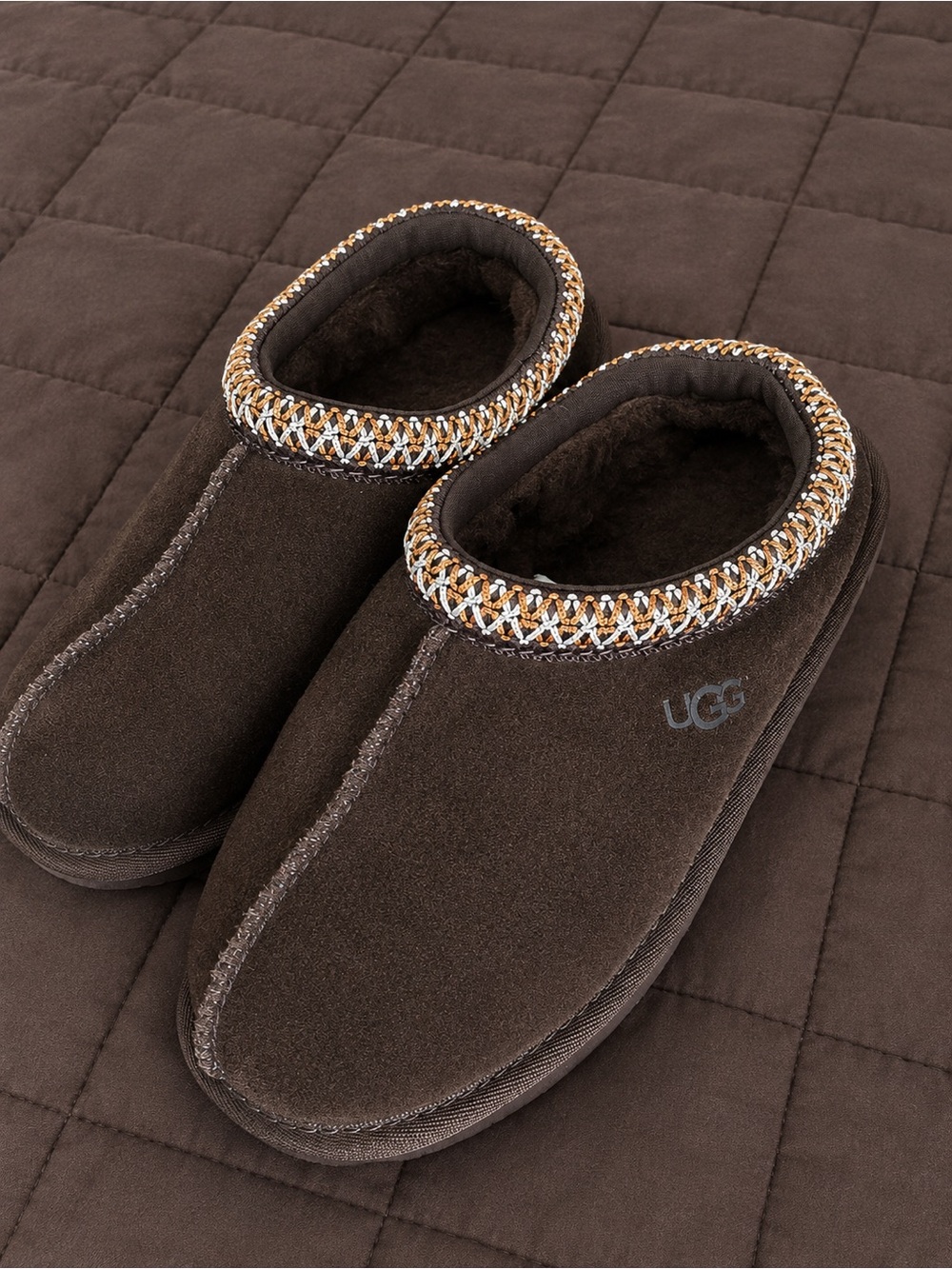 UGG Brown Suede Shearling-Lined Slip-On with Braided Trim